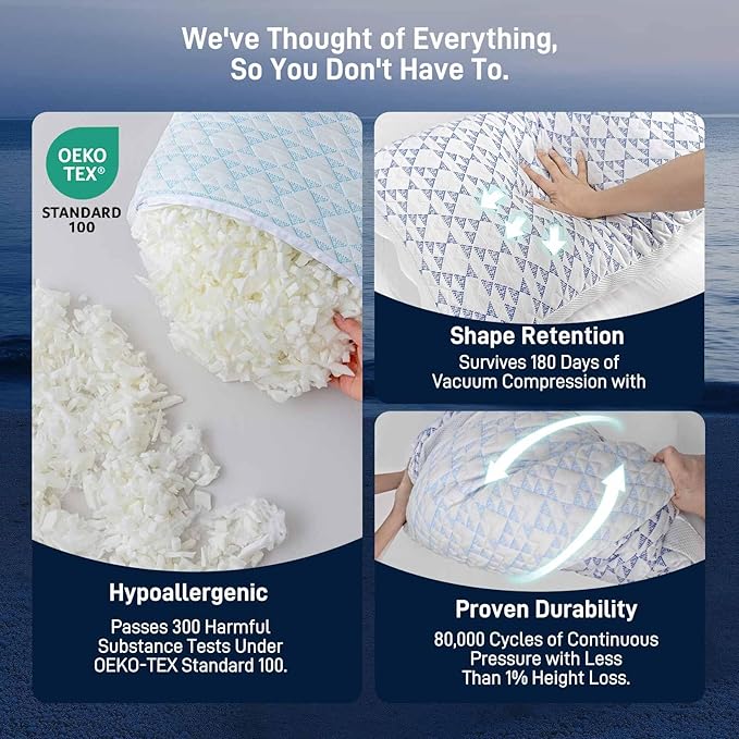 Shredded Memory Foam Cooling Soft Bamboo Viscose Pillow King Size, Adjustable Hypoallergenic Hotel Quality Bed Pillow for Back, Stomach and Side Sleeper, Oeko-TEX Certified