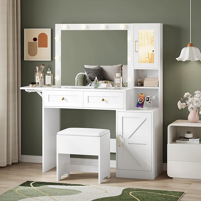 Makeup Vanity Desk with Mirror and Lights, White Vanity Table with LED Lighted Mirror & Power Outlet, Dressing Table with Chair, Large Storage Drawer & Cabinet, and Foldable Panel for Girls’ Bedroom