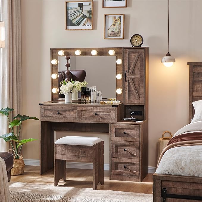 Farmhouse Vanity Desk with Mirror and Lights, 43" Wide Makeup Vanity with Glass Tabletop and Charging Station, Modern Vanity Table Set with Storage and Stool for Bedroom, Light Brown