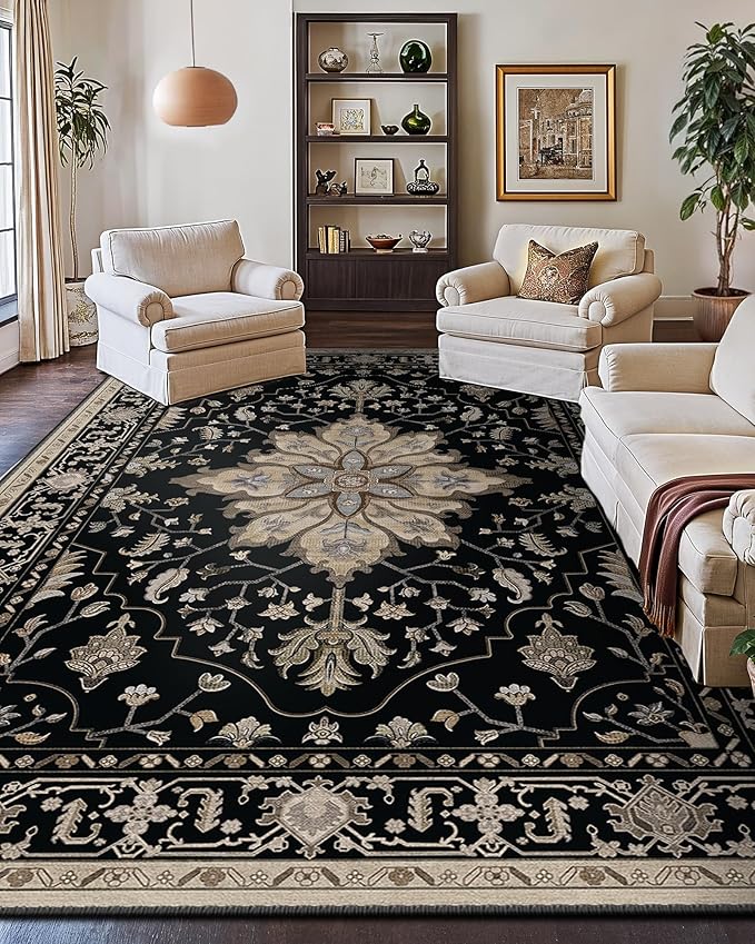 Area Rugs 9'x12' Washable Non-Slip, Floral Vintage Distress Print Pattern Medallion Carpet for Living Room Bedroom Dining Room, Black Brown Neutral Dark Tan
