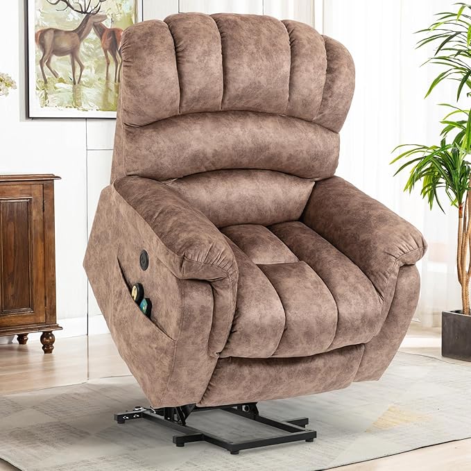 VIVIJASON Large Power Lift Recliner Chair with Heat & Massage for Elderly Big People, Overstuffed Wide Electric Lift Chair with Extended Footrest, 2 Remote Controls, Side Pockets & USB Ports, Brown