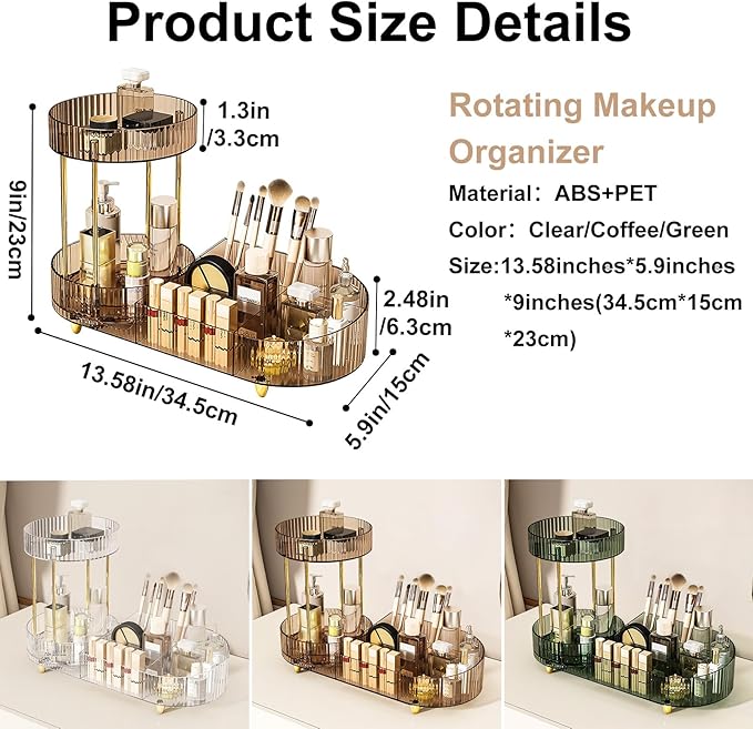 DASITON 360° Rotating Makeup Organizer for Vanity, 2 Tier Perfume Cosmetic Skincare Organizers with Makeup Brush Holder, Large Capacity Cosmetic Display Case for Bedroom Bathroom Countertop (Coffee)