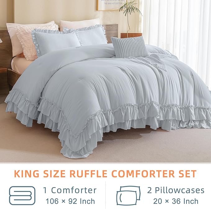 Queen's House Light Blue Farmhouse Ruffled King Size Comforter Set,Lightweight Microfiber Inner Fill Fluffy Boho Chic Bedding Comforter,Ultra Soft Microfiber Inner Fill Bedding