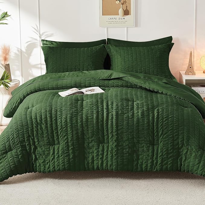 HYMOKEGE Dark Green Twin Comforter Set Seersucker 5 Pieces, All Season Luxury Bed in a Bag Queen for Bedroom, Bedding Set with Comforter, Sheets, Pillowcase & Sham