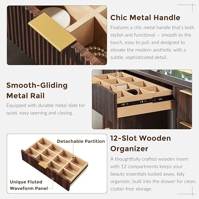 T4TREAM 48" Fluted Makeup Vanity Desk with 48" Large Mirror and HD Lights, Modern Vanity Table with 9 Drawers & Charging Station, Glass Top and Golden Handles Dressing Table for Bedroom,Dark Walnut