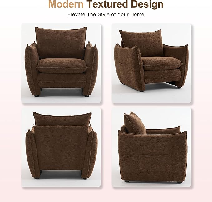 Oversized Accent Chair, Modern Single Sofa Cloud Chair with Removable Pillow, Deep Seat Comfy Armchair for Living Room Bedroom Reading Nook - Upholstered Lounge Chair (Brown)