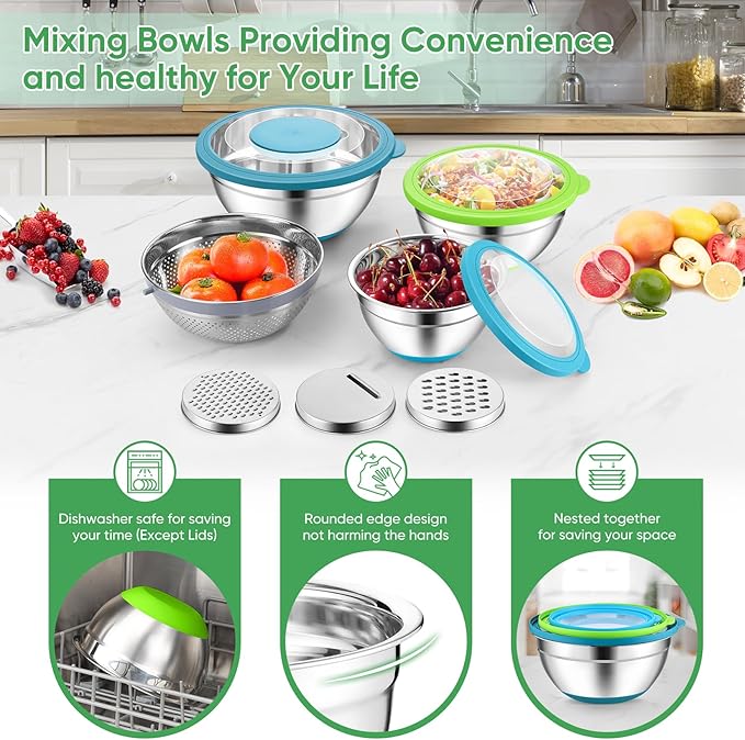 P&P CHEF Mixing Bowls with Lids Set of 3, Stainless Steel Mixing Bowl and Colander for Kitchen, 3 Grater Attachments & Non-Slip Bottoms, Visible & Airtight Lid, Multicolor