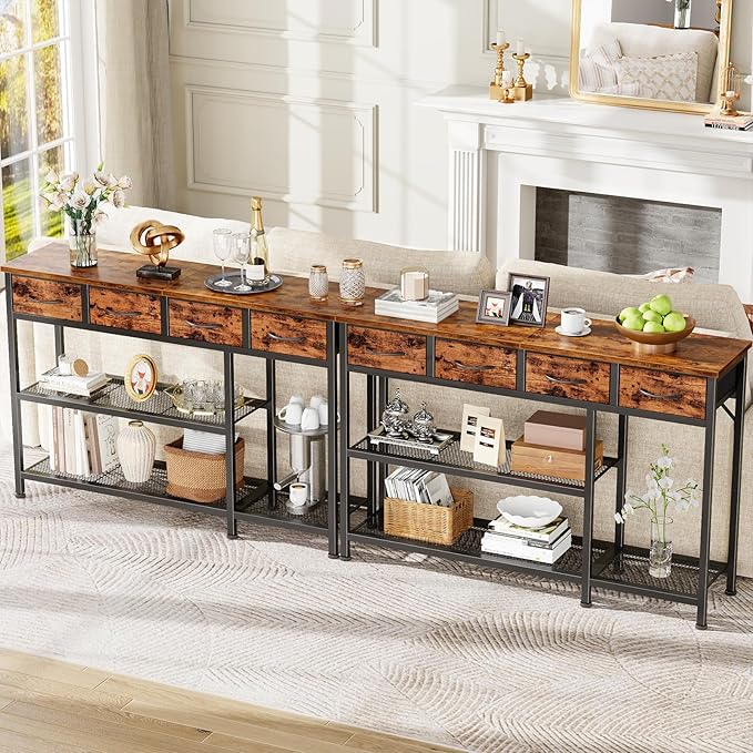 Furnulem Entryway Table 47'' Sofa Console Table with 4 Fabric Drawers, Industrial Entry Way Shoe Rack with Metal Mesh Shelf for Front Door, Foyer Wooden Top, Sturdy Metal Frame, Rustic Brown
