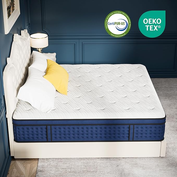 Memory Foam Innerspring Mattress - 14 Inch Full Size Mattress for Back Pain Relief, Medium Firm with Reinforced Edge Support, Navy