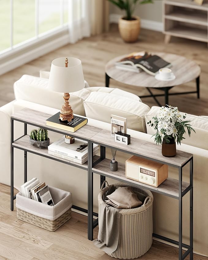 VASAGLE Console Table, 2-Tier Narrow Sofa Table with 2 Shelves, 7.9 x 31.5 x 31.5 Inches, for Living Room, Hallway, Entryway, Heather Greige and Ink Black ULNT130K02V1