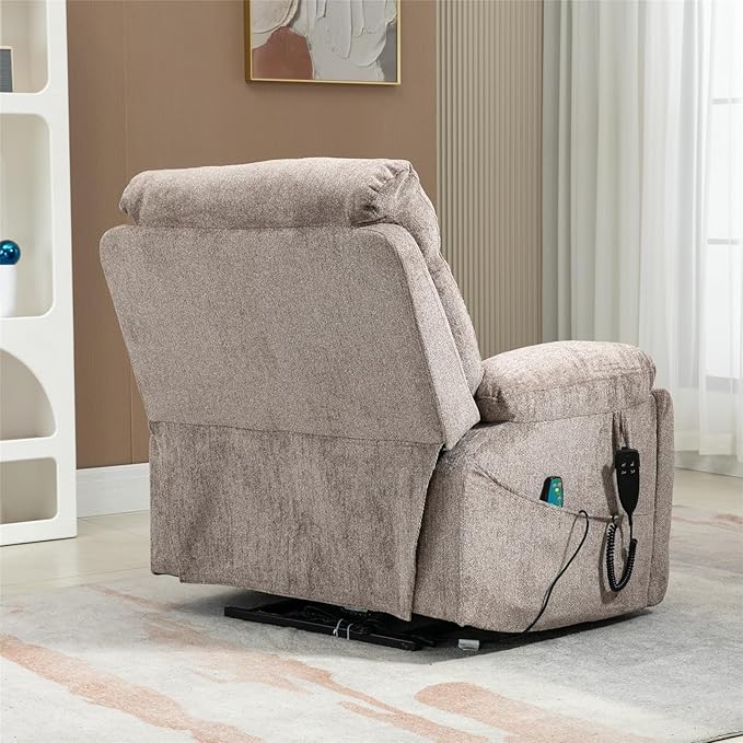 180 Degrees Lay Flat Recliner Chair with Heat and Massage and Cup Holder, Dual OKIN Motors Overstuffed Wide Lift Chairs Recliners for Elderly (Light Brown)