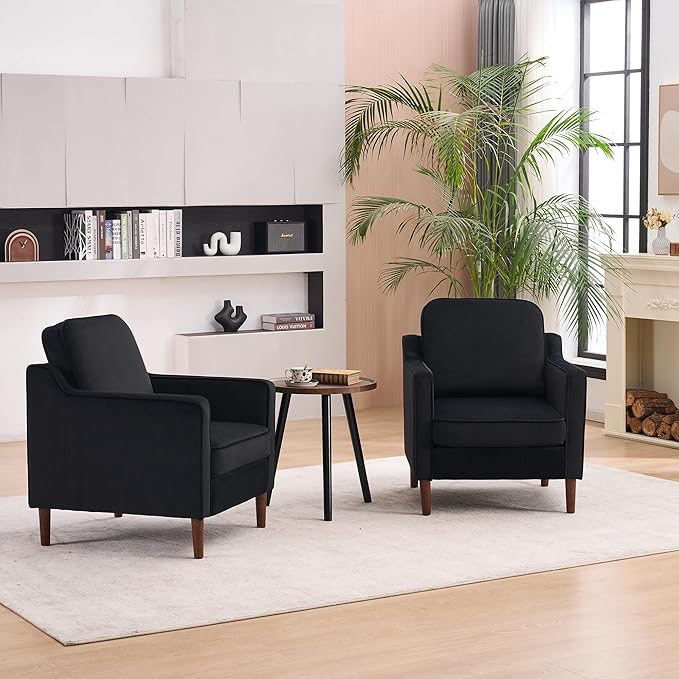 Mid Century Modern Accent Chairs Set of 2, Upholstered Reading Armchair for Living Room, Velvet Comfy Sofa Chair with Wood Legs for Bedroom, Office, Waiting Room, Black