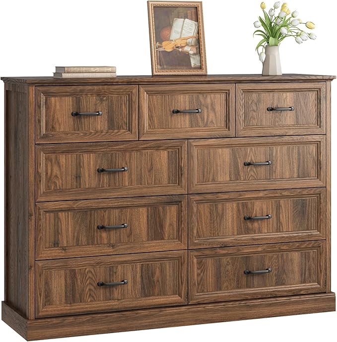 Farmhouse 9 Drawer Dresser for Bedroom, 55 Inch Wide Modern Walnut Dresser TV Stand with Large Drawers & Bar Handles, Rustic Wood Chest of Drawers for Bedroom, Living Room, Hallway, Entryway.