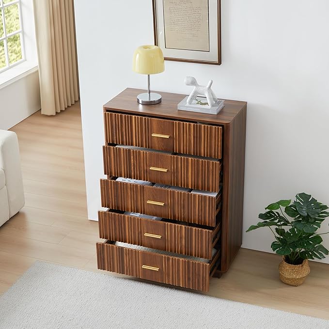 Fluted 5 Drawers Dresser for Bedroom, Wooden Tall Storage Dresser, Modern Chest of Drawers with Metal Handle, Curved Profile Wood Closet Clothes Storage Organizer for Living Room, Hallway, Walnut