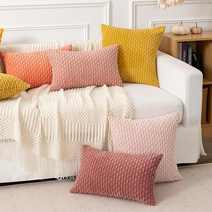 Kevin Textile Throw Pillow Covers Soft Corduroy Decorative Set of 2 Boho Striped Pillow Covers Pillowcases Farmhouse Home Decor for Couch Bed Sofa Living Room 16x16 Inch Mustard Yellow