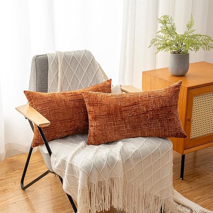 Decorative Throw Pillow Covers 12x20 Inch Set of 2, Soft Solid Farmhouse Chenille Couch Pillows, Spring Pillow Covers for Couch Sofa Bed Living Room Home Decor Pillowcase, Rust