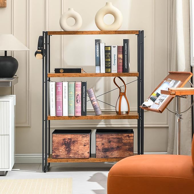 HCHQHS Bookshelf, 4-Tier Industrial Bookcase, Rustic Open Book Shelf, Freestanding Tall Bookshelves with Metal Frame