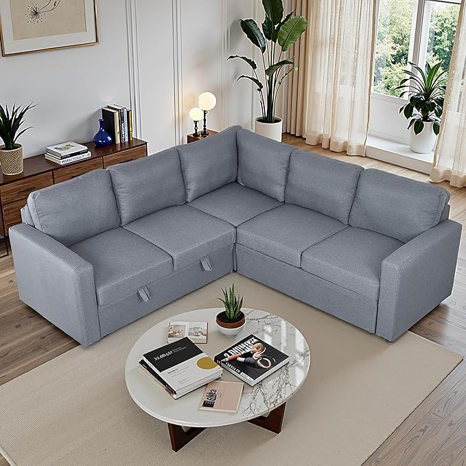 83" Pull Out Sleeper Couch with Storage Chaise, Couch, Sofa Bed, Convertible L Shaped Sofa for Living Room, Apartment, Grey