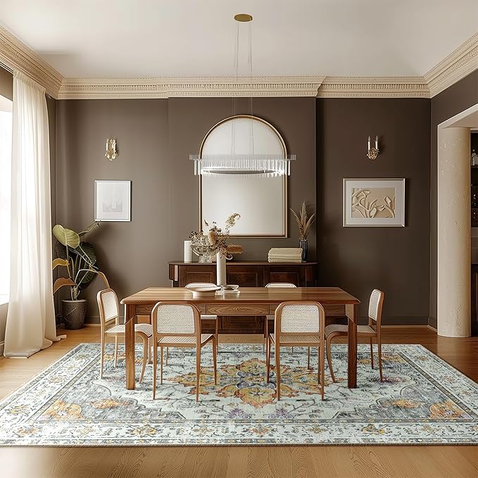 Area Rugs 9'x12' Washable Non-Slip, Floral Vintage Distress Print Pattern Medallion Carpet for Living Room Bedroom Dining Room, Light Yellow Carbon Grey Orange