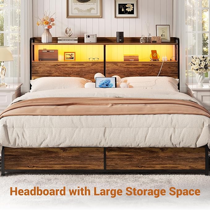 Aheaplus Headboard for Queen Size Bed Frame, Headboards with Outlets, USB Ports and LED Light, Head Board with Storage, Height Adjustable, Sturdy and Stable Headboard, Queen Size, Rustic Brown