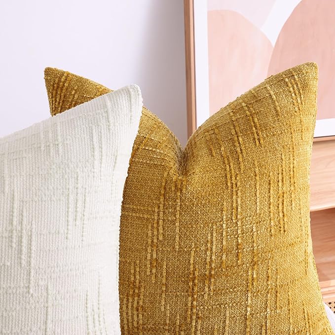 decorUhome Fall Cream White Chenille Throw Pillow Covers 16x16 Set of 2 Thick Textured Slubby Couch Pillow Covers Farmhouse Accent Modern Neutral Decorative Pillow Cases for Bed Sofa Living Room