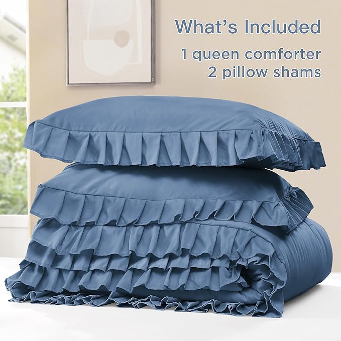 Litanika Ocean Blue King Size Comforter Set, 3 Pieces Ruffle Farmhouse Aesthetic Bedding Comforter Set, All Season Soft Lightweight Fluffy Microfiber Bed Set(104x90In Comforter, 2 Pillowcases)