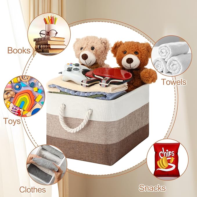 meekoo 8 Pack Collapsible Storage Bins Fabric Storage Bins Polyester Fabric Baskets with Handles Linen Closet Organizer for Shelf Home Closet Towels Toys(15 x 11 x 9.5 in,Mixed Beige)