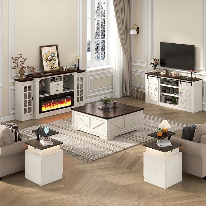 66" Farmhouse TV Stand for 75 Inch TV, 33" Tall Entertainment Center with Power Outlets & Sliding Barn Door, Wood TV Stand with Storage, TV Media Console for Living Room, Antique White