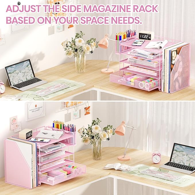 Desk Organizers and Accessories with File Holder, 5-Tier Office Desk Accessories & Workspace Desktop Organizer with Drawer and 2 Pen Holder, File Paper Organizer for Office Supplies(Pink)