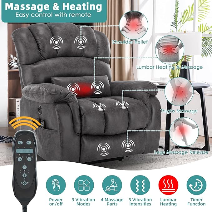 MEETWARM Oversized Dual Motor Power Lift Chair with Extended Footrest for Big Tall Elderly, Infinite Position Lay Flat Sleeper Electric Recliner, Heat Massage, Lumbar Pillow, USB & Type-C Ports, Gray