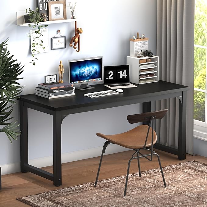 NSdirect 63 inch Computer Desk,Modern Simple Style PC Table Office Desk Wide Workstation for Study Writing,Gaming and Home Office,Extra 1" Thicker Wooden Tabletop and Black Metal Frame,Black