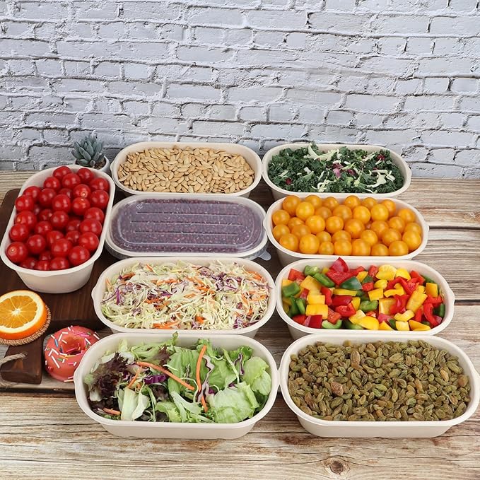 34 oz Disposable salad bowls with lids, Sugarcane Fiber Paper Bowls take away food containers meal prep food storage deli container 50 Pack