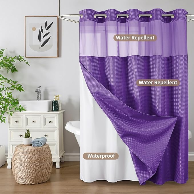 Colorful Star No Hook Shower Curtain with Snap in Fabric Liner, Waffle Weave Heavy Duty Thick Shower Curtains with Mesh Top Window, Hotel Style Waterproof Bathroom Curtain Set, 72 x 75 Inch, Purple