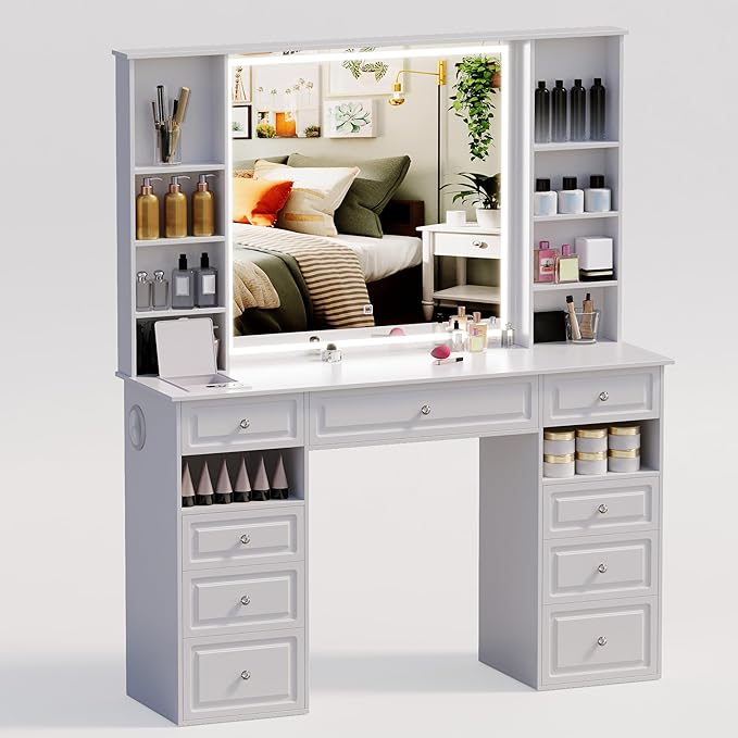 Vanity Desk with Mirror and Lights, Makeup Vanity Desk with Facial Mask Box, Dressing Table with Bluetooth Speaker, Makeup Vanity Set with Wireless Charger, 9 Drawers and 10 Shelves (47" W, White-A)