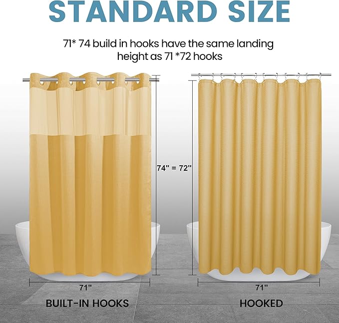 Gold Hotel Shower Curtain - 230GSM Waffle Textured Heavy Duty Thick Fabric Shower Curtains for Bathroom,71W x 74H