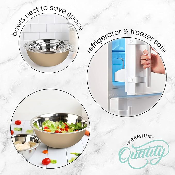 WHYSKO Meal Prep Stainless Steel Mixing Bowls Set, Home, Refrigerator, and Kitchen Food Storage Organizers | Ecofriendly, Reusable, Heavy Duty (Khaki)