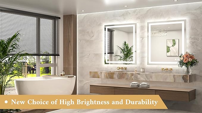 TETOTE LED Bathroom Mirror with Brighter Lights 32 x 36 LED Lighted Vanity Mirror with Frontlit and Backlit, 3-Color Dimmable Illuminated Anti Fog Light up Mirror for Bathroom Wall, Tempered Glass