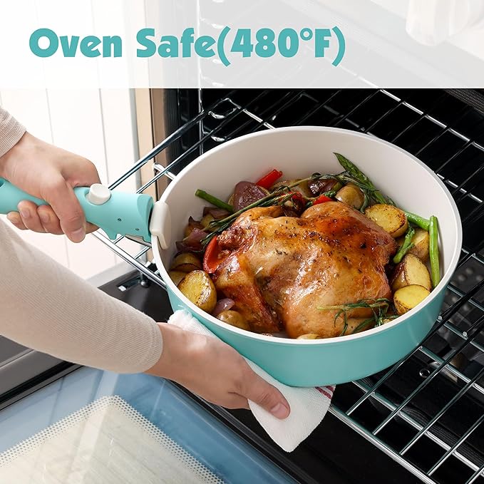 SENSARTE 17 Piece Ceramic Pots and Pans Set, Nonstick Detachable Handle Cookware, Induction Kitchen Cookware Set with Removable Handle, Dishwasher & Oven Safe (Turquoise)