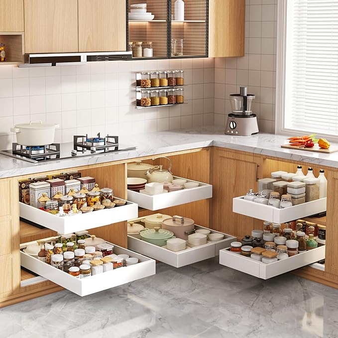 2 Pack Pull Out Cabinet Organizers 21" Deep With Raising Pad for Framed Cabinets, Expandable Width (9"-14") Slide Out Drawers Upgrade 3 Slide Rails, Roll Out Shelves Adhesive, White