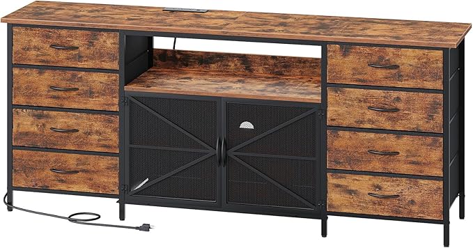 TV Stand Dresser for 65 Inch TV with Power Outlets and LED Lights, Long Dresser with 8 Fabric Drawers, Large Entertainment Center TV Console with Mesh Door for Bedroom, Rustic Brown