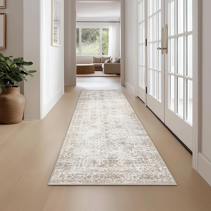 Fmfunctex 2x8 Runner Rug Beige Washable Vintage Neutral Distressed Non Slip Low Pile Indoor Carpet Soft Retro Floral Hallway Entryway Rug for Kitchen Living Room Bedroom Bathroom Laundry Entry Bedside