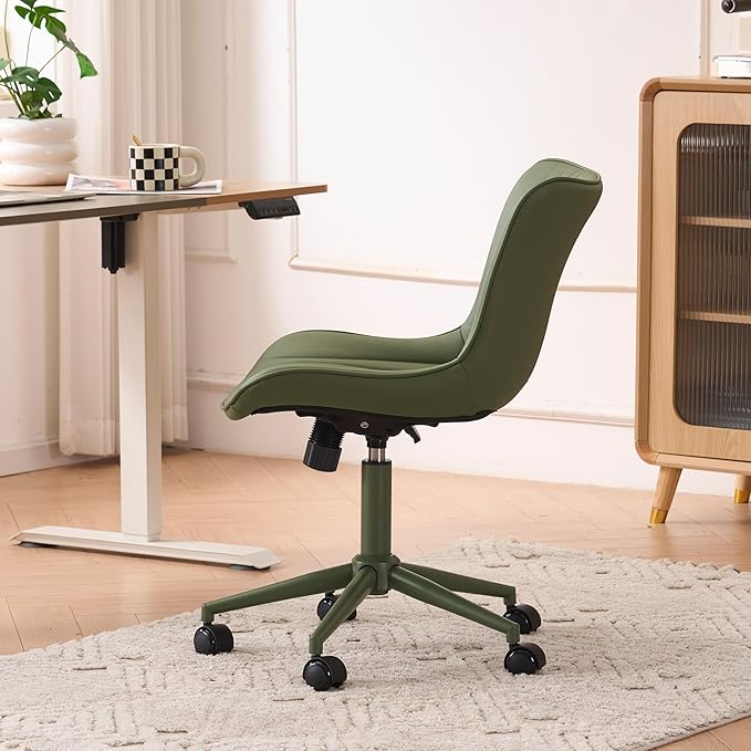 YOUTASTE All Olive Green Office Chair, Modern Armless Desk Chair with Back, Adjustable Swivel Rolling Faux Leather Task Chair with Wheels Metal Base for Home Office, Study, or Vanity