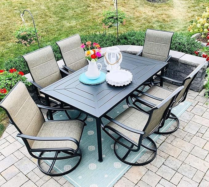 PHI VILLA 7 Piece Patio Dining Set, Outdoor Table and Chairs Furniture Dining Set with 6 Outdoor Swivel Dining Chairs and 1 Large Metal Table, Patio Set for Lawn Garden Deck, Padded Textilene