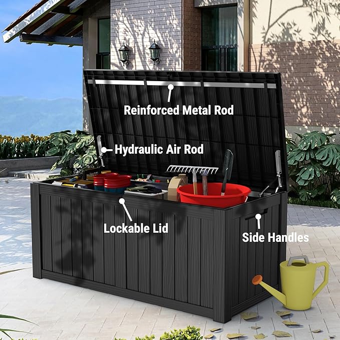 Mars Villa 119 Gallon Outdoor Storage Box, Large Resin Deck Box Waterproof, Storage Bin for Outside Patio Furniture Cushions, Pool Supplies, with Hydraulic Hinge, UV Resistant and Weatherproof, Black