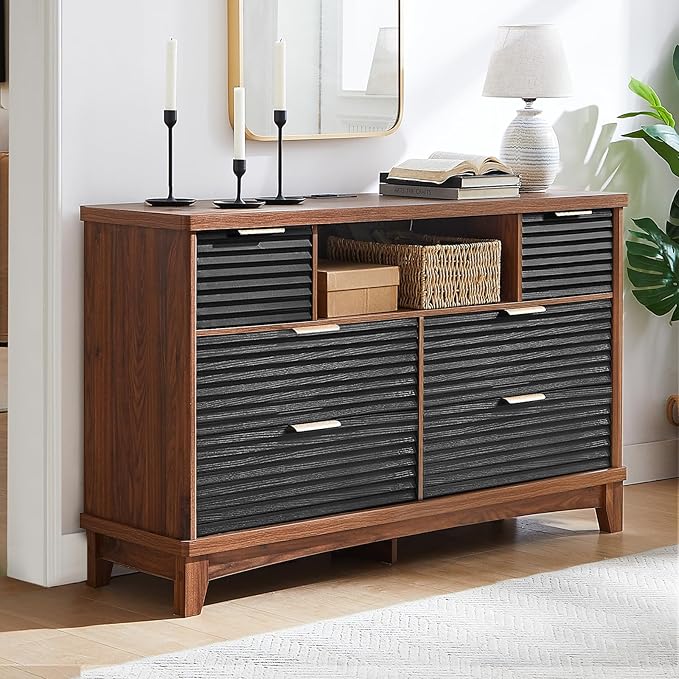 AOGLLATI Black Dresser for Bedroom with Slanted Louvre Design,Retro Chest of Drawers with Charging Station, Wooden Wide Led 6 Drawer Dresser for Bedroom,Living Room, Hallway, Black & Brown