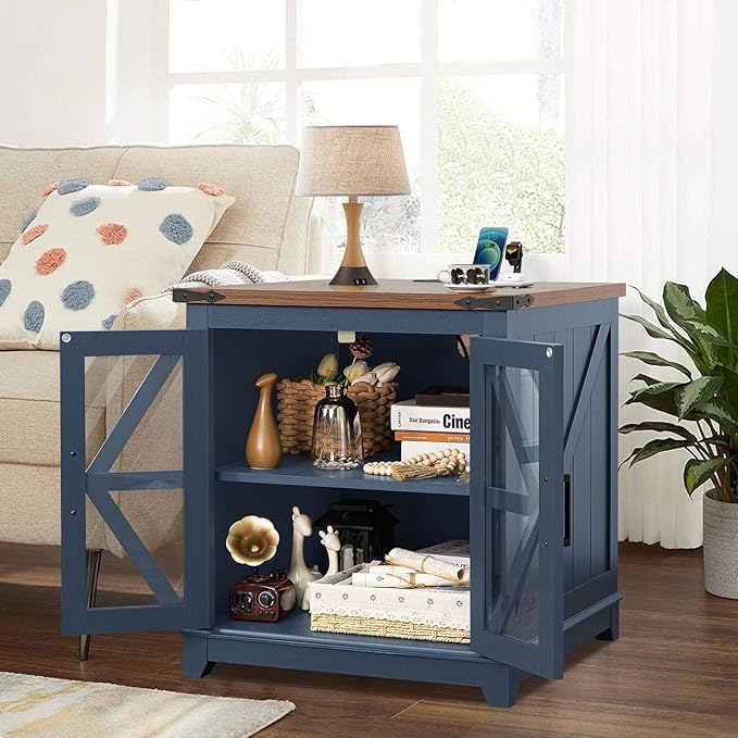 Farmhouse Coffee Table Sets 3 Pieces, Large End Side Tables with Charging Station and Coffee Table with Hidden Storage Compartment, Blue Living Room Table Set, Wood Furniture Sets for Home Office