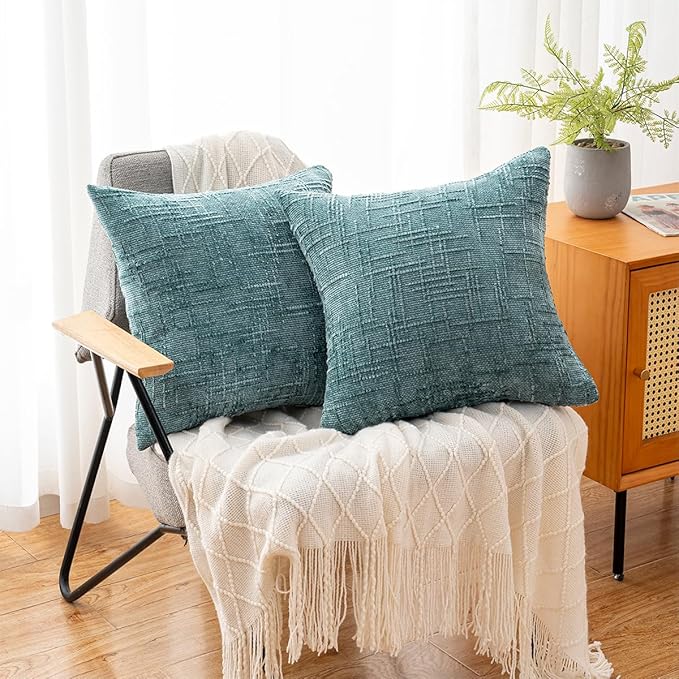 Decorative Throw Pillow Covers 16x16 Inch Set of 2, Soft Solid Farmhouse Chenille Couch Pillows, Spring Pillow Covers for Couch Sofa Bed Living Room Home Decor Pillowcase, Teal