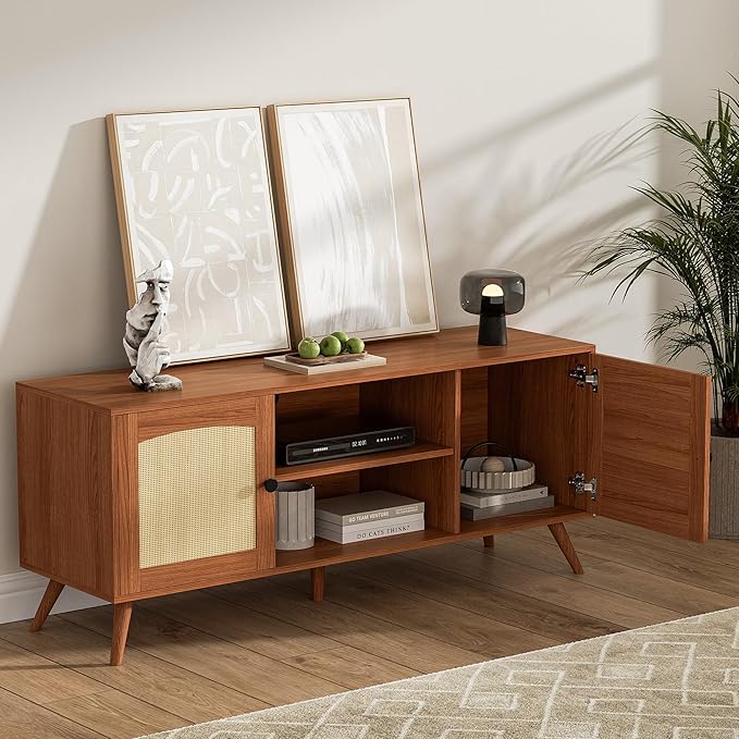 Mid Century Modern Rattan TV Stand for 60" TV - Boho Entertainment Center with 2 Natural Rattan Doors for Living Room, Brown