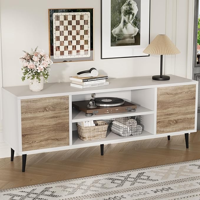 Flamaker TV Stand, 58 Inch Entertainment Center with 2 Doors and 2 Storage Cabinets for TV up to 65 inch, TV Console Table for Living Room, Bedroom, Office (White and Oak)