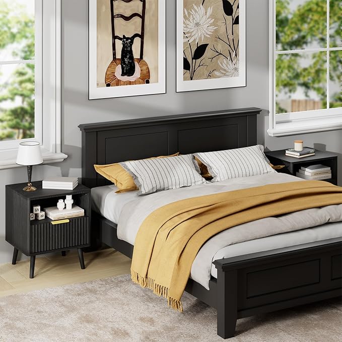 LYNSOM Fluted Dresser and Nightstand Set, 3 Pieces Bedroom Set, 55 Inch Wide 6-Drawer Dresser & 1-Drawer Nightstands Set of 2, Modern Dressers Set for Bedroom, Living Room, Black